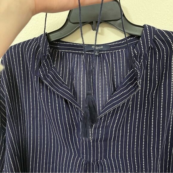Madewell Navy Blue White V Neck Tassel Long Sleeve Blouse SIZE SMALL - Picture 2 of 6